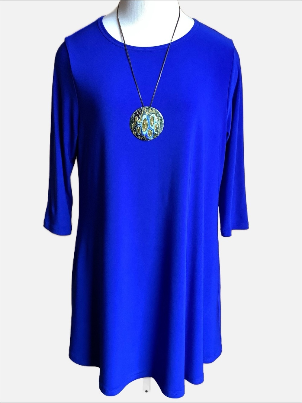 SYMPLI Trapeze Tunic Dress Electric Blue 3/4 Sleeve Jersey Size 12 Pockets